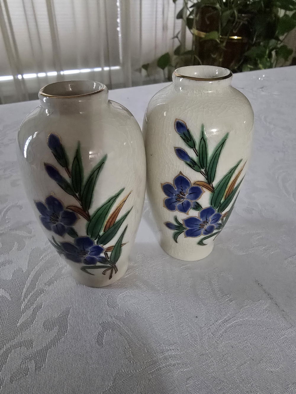 Homco White Ceramic Vases with Blue Floral Motif and Green Leaves
